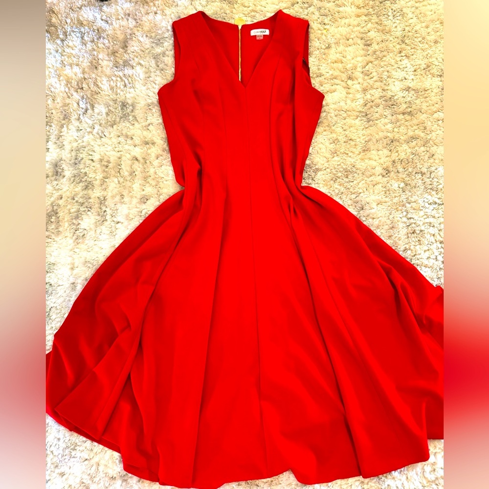 Calvin Klein red sleeveless dress, gold zipper back